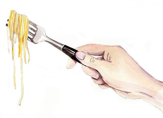 Hand with fork with pasta, watercolor drawing