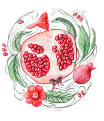 Watercolor drawing. Red pomegranate with a green lizard. Juicy pomegranate seeds