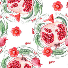 Watercolor seamless pattern with red pomegranate and green lizard on a white background, red flowers, juicy pomegranate seeds
