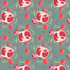 Watercolor seamless pattern with red pomegranate and green lizard on a gray background, red flowers, juicy pomegranate seeds