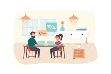 Development and testing software scene. Man and woman working on laptops, fixing bugs in program code app. IT industry, teamwork concept. Vector illustration of people characters in flat design