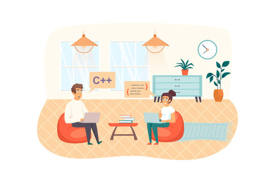 Developers testing software scene. Man and woman works on laptops in office, analyzing and fixing bugs in program code. App development concept. Vector illustration of people characters in flat design