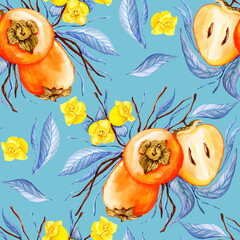 Seamless pattern orange persimmon on a blue background, yellow flowers, blue leaves