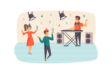 Fototapeta na wymiar Couple dancing at party in club scene. Man and woman drinking wine, having fun. DJ plays music at mixing panel. Holiday celebration concept. Vector illustration of people characters in flat design