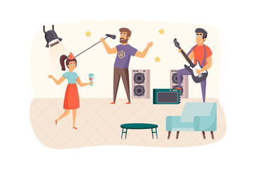 Woman dancing at party in club scene. Young girl drinking wine and having fun. Music group performing on stage. Holiday celebration concept. Vector illustration of people characters in flat design