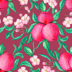 Seamless pattern with red apples, green leaves and pink flowers on a burgundy background
