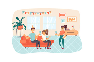 Happy friends having fun at home party scene. Man and women drinking wine, relaxing at sofa. Holiday, celebration, pastime together concept. Vector illustration of people characters in flat design