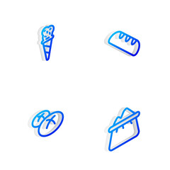 Set Isometric line French baguette bread, Ice cream in waffle cone, Bread loaf and Bag of flour icon. Vector