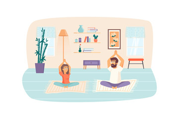 Man and woman doing lotus pose. Couple practicing yoga asanas scene. Home workout, sport activities, meditation, healthy lifestyle concept. Vector illustration of people characters in flat design
