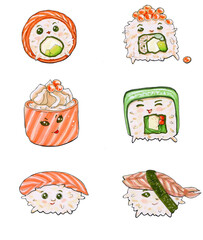 Funny sushi and rolls on a white background, cute characters, kawaii
