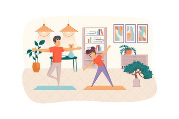 Home workout scene. Couple practicing yoga asanas. Man and woman doing training indoor. Sport activities, exercising, healthy lifestyle concept. Vector illustration of people characters in flat design