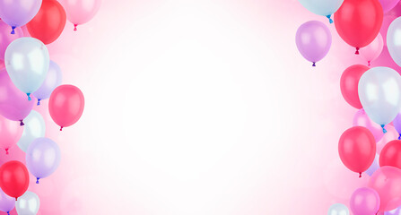 colorful helium balloons are flying up on a pink background. Holidays background