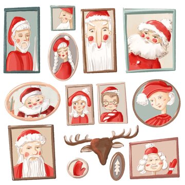 Various Santa Claus, art gallery, relatives of Santa Claus. Digital illustration. Seamless pattern