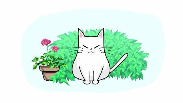 Cartoon character white cat with geranium flower loop animation. Kawaii anime style. Decorative motion graphic for game, music, video title and cartoon animation.