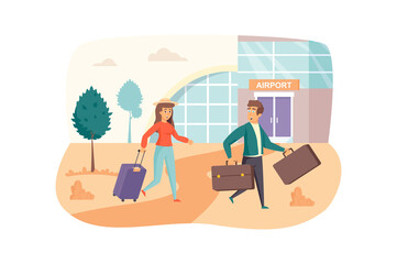 Couple travels together scene. Man and woman travelers with luggage go in airport. Family in vacation, flight, tourism industry concept. Vector illustration of people characters in flat design