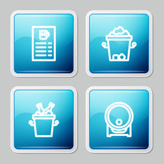 Set line Beer menu, Ice bucket, bottles in ice and Wooden barrel on rack icon. Vector