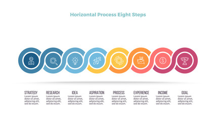 Business process. Timeline infographics with 8 steps, options, sections. Vector template.