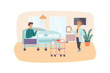 Doctor visiting patient in hospital ward scene. Attending physician treats hospitalized man. Medical center, clinic service, healthcare concept. Vector illustration of people characters in flat design