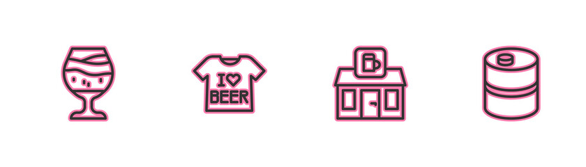 Fototapeta premium Set line Glass of beer, Store building shop, Beer T-shirt and Metal keg icon. Vector