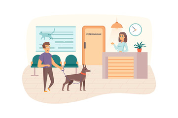 Veterinary clinic scene. Man with dog visits vet, waiting for doctor's appointment in reception. Veterinarian medicine and healthcare concept. Vector illustration of people characters in flat design