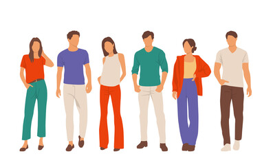 Fototapeta premium Set of young men and women, different colors, cartoon character, group of silhouettes of standing business people, students, the design concept of flat icon, isolated on white background