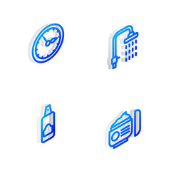 Set Isometric line Shower, Sauna clock, Spray can for hairspray and Cream lotion cosmetic tube icon. Vector