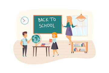 Teacher and pupils in classroom scene. Schoolchildren went back to school, studying at lessons. Primary Education, Knowledge Day concept. Vector illustration of people characters in flat design