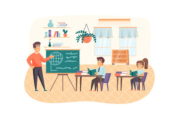 Geography lesson scene. Teacher stand by chalkboard, pupils study in classroom. Primary education, back to school, Knowledge Day concept. Vector illustration of people characters in flat design