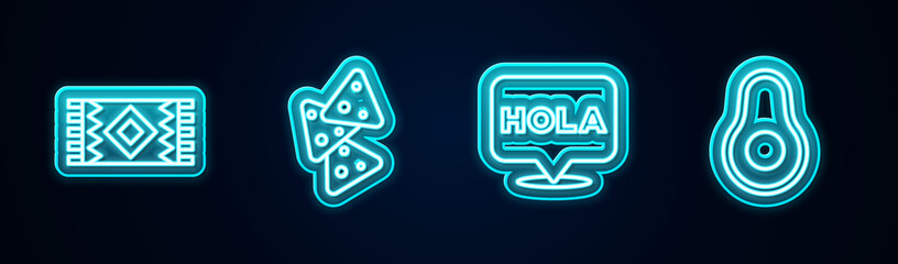 Set line Mexican carpet, Nachos, Hola and Avocado fruit. Glowing neon icon. Vector © vector_v