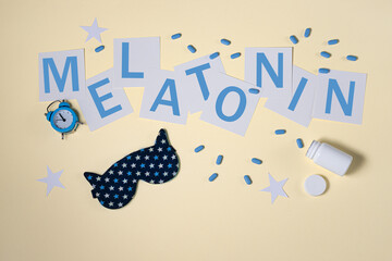 the concept of self-care, good sleep, sleeplessness in yellow tones. pills for insomnia. inscription melatonin.