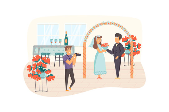 Wedding photographer scene. Man photographing newlyweds, wedding ceremony, party celebration of marriage. Creative profession, memories concept. Vector illustration of people characters in flat design