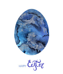 illustration of watercolor Easter eggs on a white background. liquid blue purple marble with gold. lettering happy easter. for design, cards, decorations, banners, wallpapers, booklets