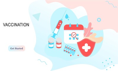 Landing page of vaccination website. Immunization campaign. Health care and protection. Isometric medical treatment. Flat vector illustration for wallpaper, banner, background, card, book illustration