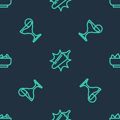 Set line Hot chili pepper pod, Margarita cocktail and Nachos in bowl on seamless pattern. Vector