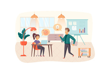 Business training in office scene. Colleagues generate ideas, do targeting, brainstorming and team building. Education, career growth concept. Vector illustration of people characters in flat design