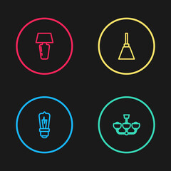 Set line Light bulb, Chandelier, and Table lamp icon. Vector