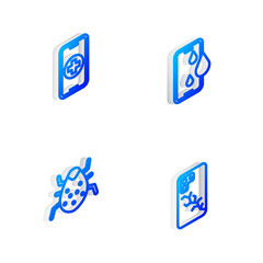 Set Isometric line Waterproof phone, Phone repair service, System bug and Mobile with broken screen icon. Vector