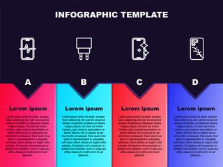 Set line Phone repair service, Charger, Glass screen protector and Mobile with broken. Business infographic template. Vector