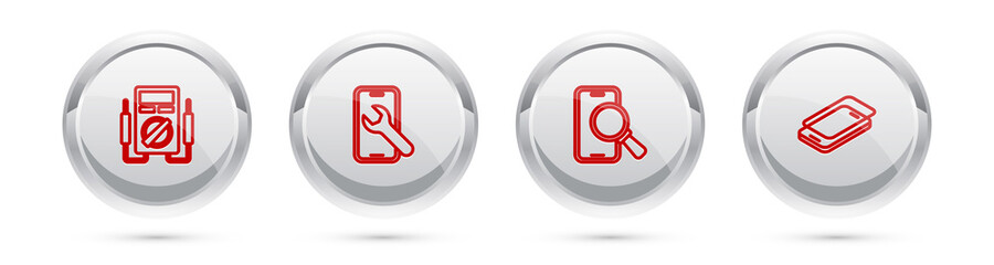 Set line Multimeter, Mobile service, Phone repair and Glass screen protector. Silver circle button. Vector