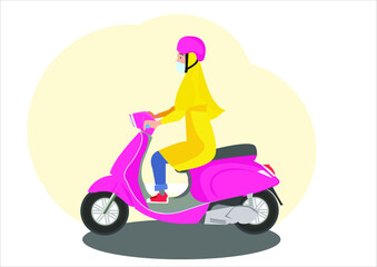 Fototapeta na wymiar Muslim women wearing headscarf hijab riding motorbike cartoon character design.