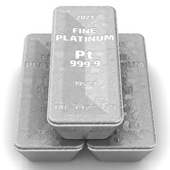 The highest standard platinum ingots. Three ingots of 999.9 Fine Platinum lie on white surface. 3D illustration