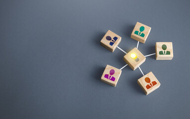 People united by a joint idea project. Founding a business company around a startup project development. Working on new ideas, contribution. Achieving goal. Innovation, collective ideas.