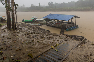 Floating platform on Kinabatangan river in a heavy rain, Sabah, Malaysia