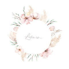 Watercolor floral frame wreath with gold orchid, cherry blossom, cotton head, palm leaves, beige and rose color, white, pink, vivid flowers, green leaves, for wedding greeting card. fashion background