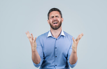 oh no. tired mature bearded businessman in shirt. stressed guy with bristle.