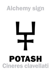 Alchemy Alphabet: POTASH / POT ASHES (Cineres clavellati), Wood ash; Salt of wormwood (Sal absinthii); Salt of Potassium (Sal alcali), alkaline compound. Potassium carbonate: Chemical formula=[K₂CO₃].