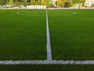 Artificial grass soccer field. Corner kick line of ball and a soccer field , football field ,...