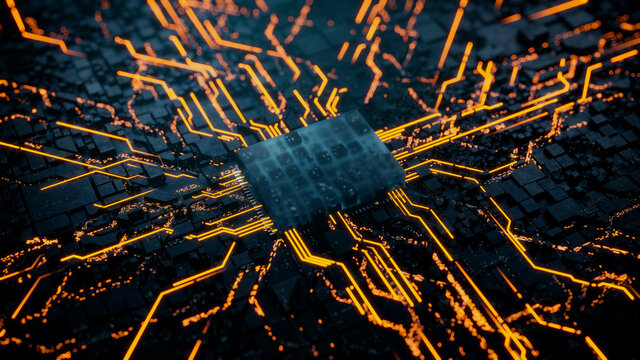Advanced Technology Concept with Microchip. Orange Neon Data flows from the CPU across a Futuristic Motherboard. 3D render.