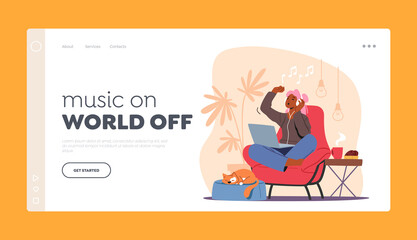 Woman Listen Music Landing Page Template. Young Female Character in Headphones Sit on Armchair Move Body to Sound Rhythm