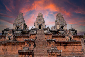 Pre Rup Eastern Mebon Khmer architecture of Angkor wat Lost ancient Khmer city in the jungle in Siem Reap Cambodia.The majestic Hindu pyramid of the ancient empire.Sunset view of spires of temple